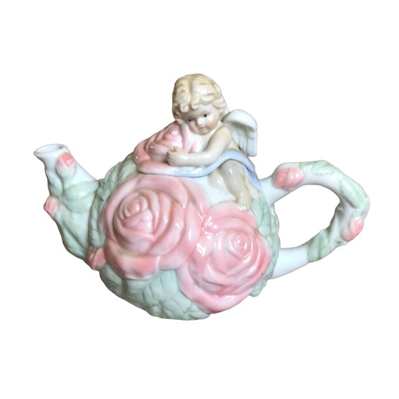 Avon rose cherubs porcelain teapot & 4  matching cups set girls tea party - Picture 2 of 13